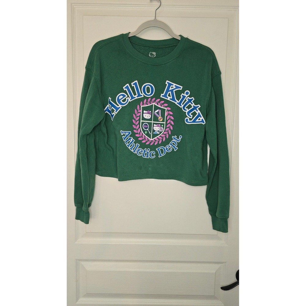 Hello Kitty Athletic Dept Cropped Sweatshirt Green Varsity Graphic Pullover
